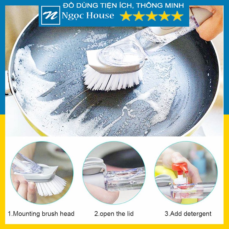 Bàn Chải Cọ Rửa Chén Bát, Xoong Nồi Nhà Bếp 2 IN 1 Có Bình Đựng Xà Phòng - Ngọc House