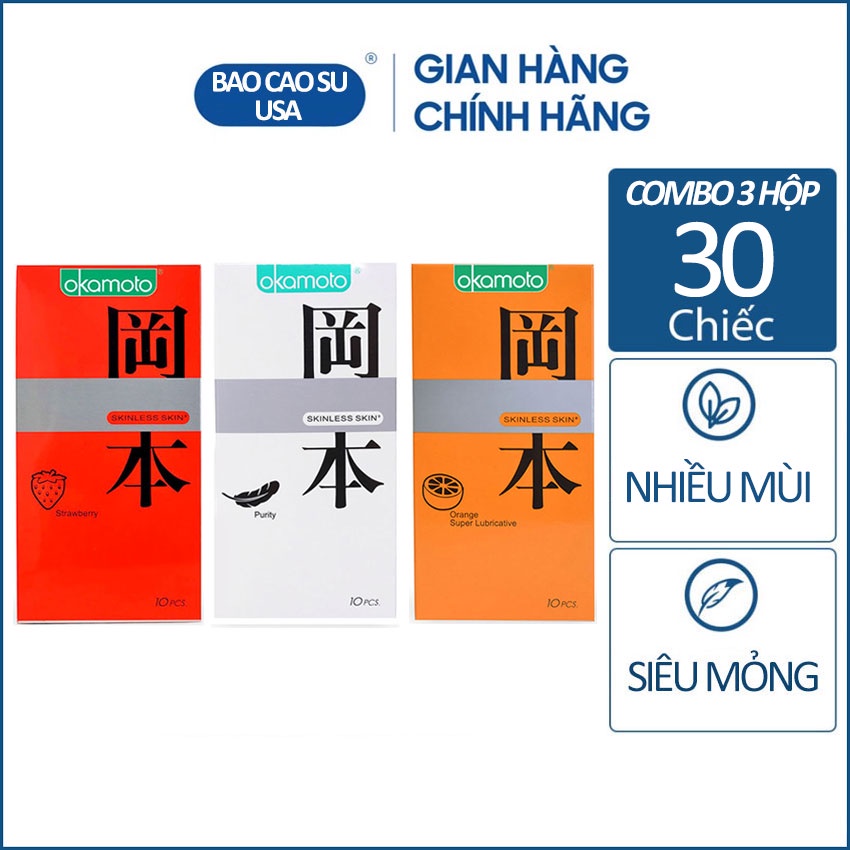 Combo 3 hộp bao cao su Okamoto hương Dâu, hương Cam và không Mùi siêu mỏng 30 cái