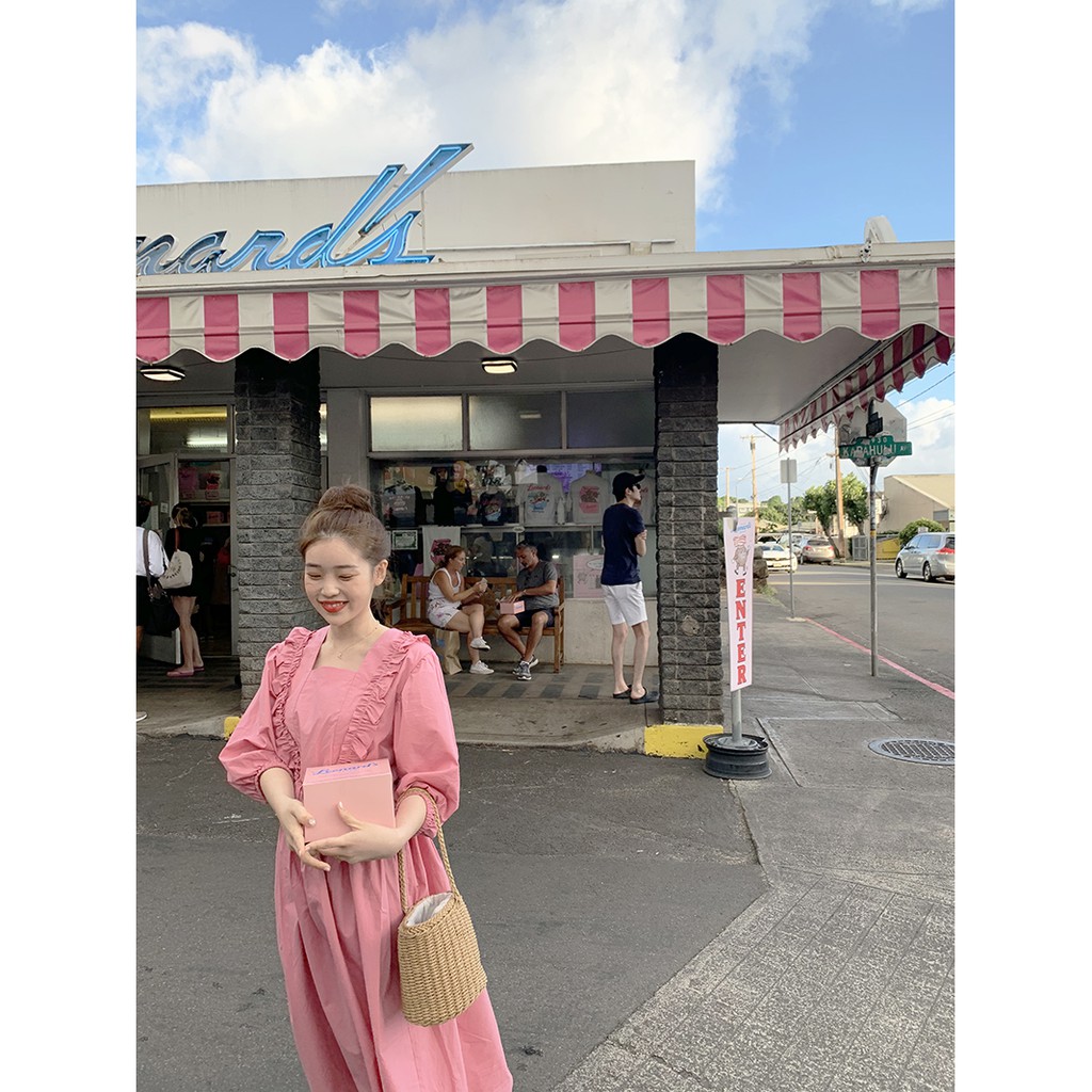 (ORDER- sẵn XL) Váy xòe dáng dài cổ vuông phối bèo màu hồng hoa đào Dress Retro Hàn Quốc đáng yêu (HÀNG MỚI 2020)