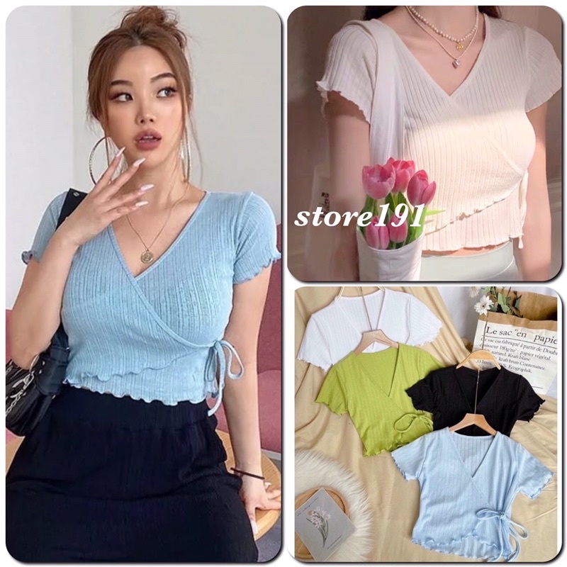 Áo Croptop Tay Ngắn Đắp Chéo Buộc Dây Eo - AN09