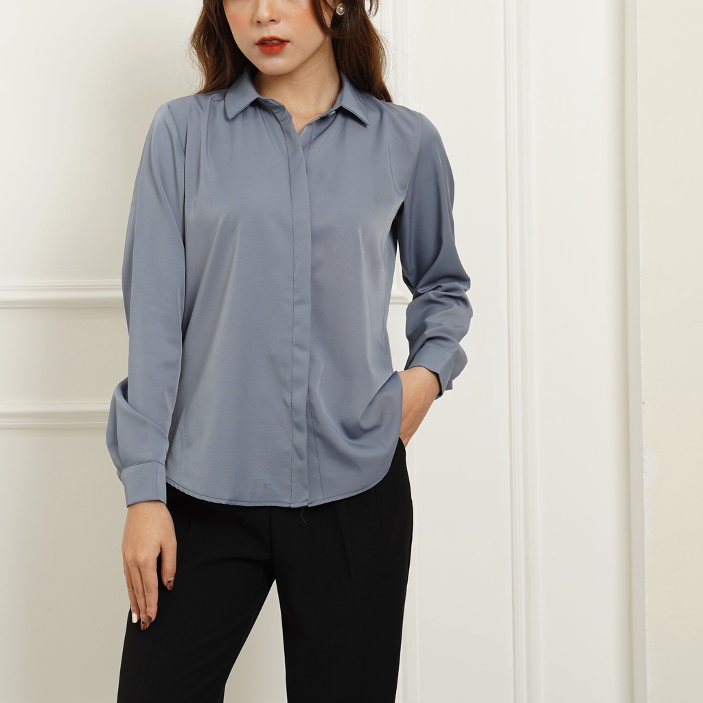 Áo sơ mi nữ lụa dài tay, áo công sở form rộng kiểu Hàn Quốc cao cấp màu Trắng Đen Xanh Be MISS CLOTHINGS SM-01 | BigBuy360 - bigbuy360.vn
