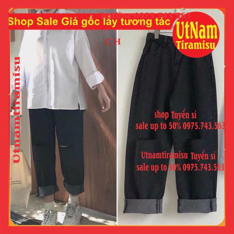 Sét quần jeans ống rộng rách gối + áo sơmi trơn dài tay