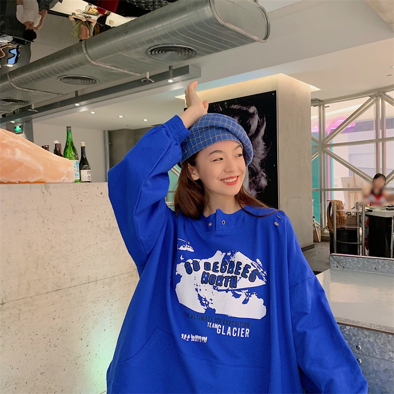 【ZHELIHANGFEI】Áo Thun Nỉ Tay Dài Dáng Rộng Rách Cá Tính Trẻ Trung Hợp Thời Trang