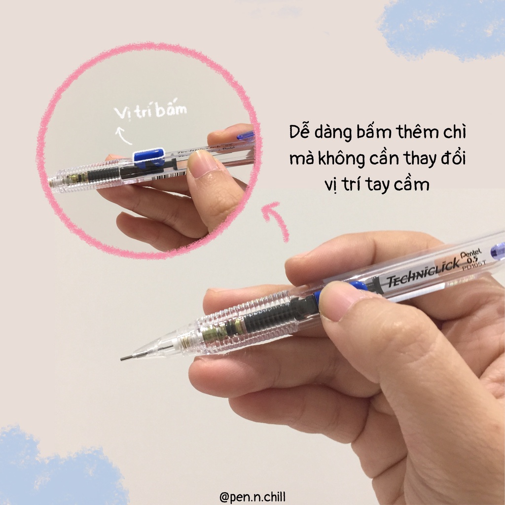 Bút Chì Kim Bấm Thân Giữa Pentel Techniclick Nhật Bản Cỡ Ngòi 0.5mm