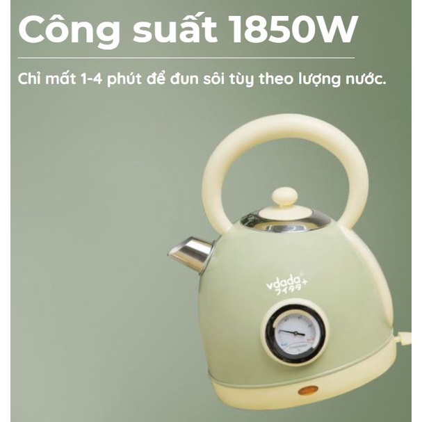 Ấm siêu tốc đun nước Vdada pha trà cao cấp Decor nhà bếp phong cách Vintage, dung tích 1.7L