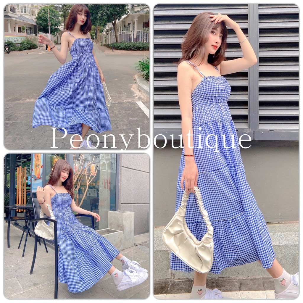 Váy 2 Dây Caro Xanh PEONYB Nữ [FREESHIP] 🌸 Đầm maxi đuôi cá mặc đi biển dáng suông dài kẻ ô cá tính Ulzzang 🌸