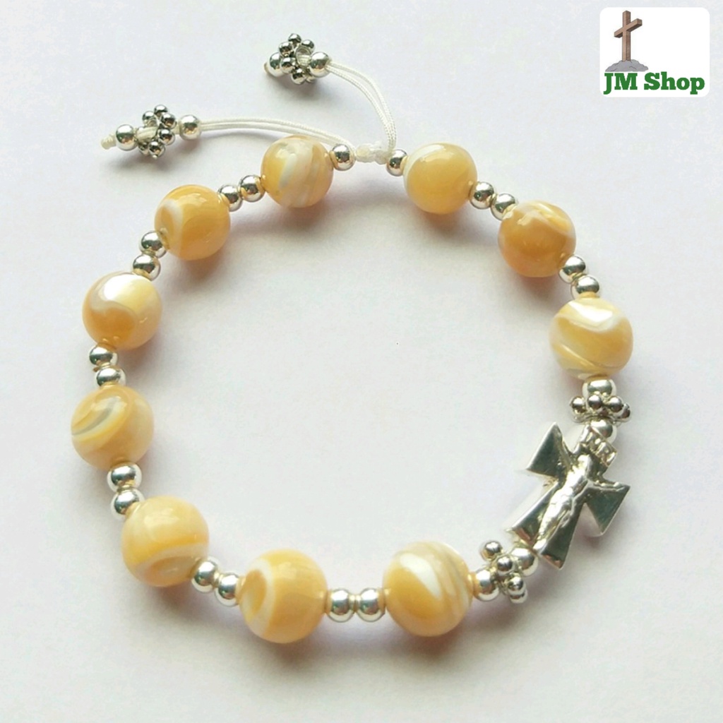 Chuỗi Mân Côi Vỏ Sò Vàng Kim Hóa Thạch Hạt 8 Li Xen Hạt Bạc Thánh Giá Bạc