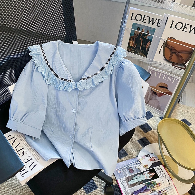Áo Sơ Mi Tay Ngắn Dáng Rộng Cổ Búp Bê Phong Cách Hàn Quốc Dành Cho Nữ