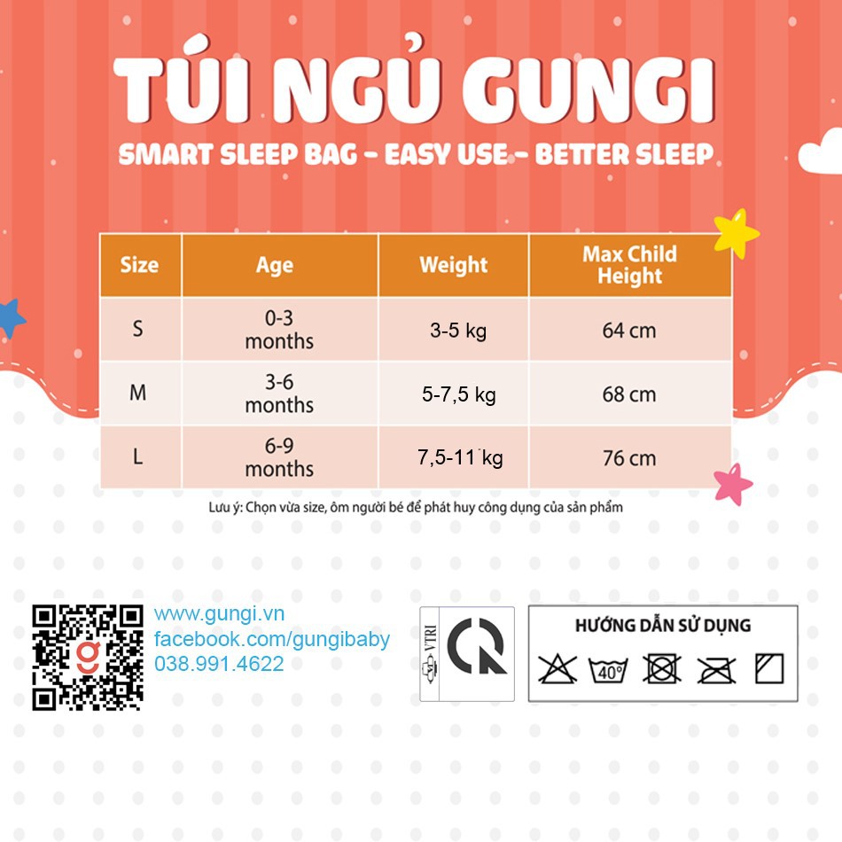 Túi Ngủ GUNGI Infant Breezy Cho Bé Ngủ Ngon mềm mịn, co giãn 4 chiều, an toàn với bé - in họa tiết dễ thương