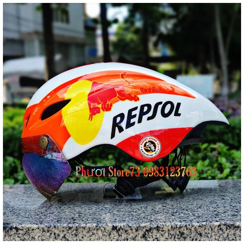 Mũ bảo hiểm thể thao xe đạp Royal MD16 tem Repsol, nón đi xe đạp đuôi nhọn có kính chắn gió chính hãng.