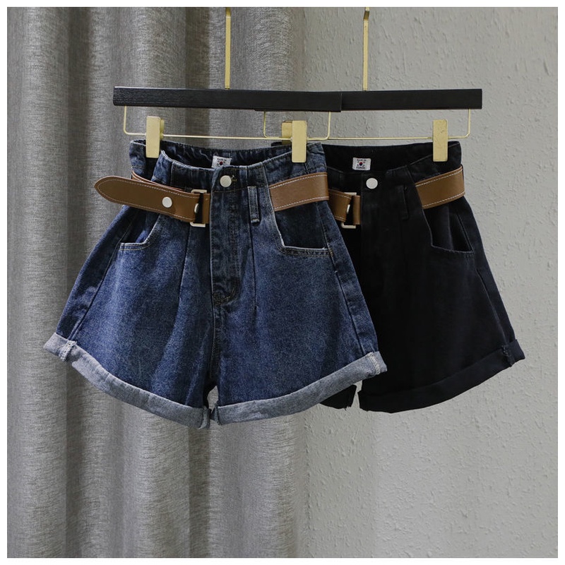 2023 Quần short denim ống rộng lưng cao phong cách cổ điển dành cho nữ