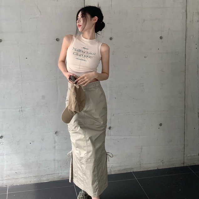 QKOOLE Chân váy  dáng chữ A lưng cao xẻ tà phong cách Hàn Quốc thời trang cho nữ