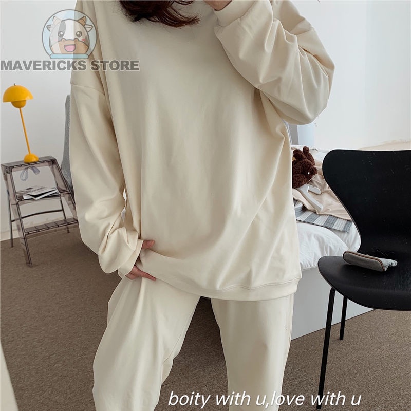 Bộ Trang Phục Hai Mảnh Gồm Áo Thun cotton Tay Dài Cổ Tròn Dáng Rộng Thời Trang Hàn Quốc Cho Nữ