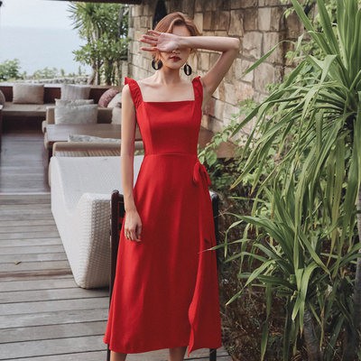 Cổ điển Hepburn gió voan màu đỏ váy hở lưng siêu Cổ Tích bãi biển váy bãi biển Kỳ nghỉ váy dài nữ mùa hè