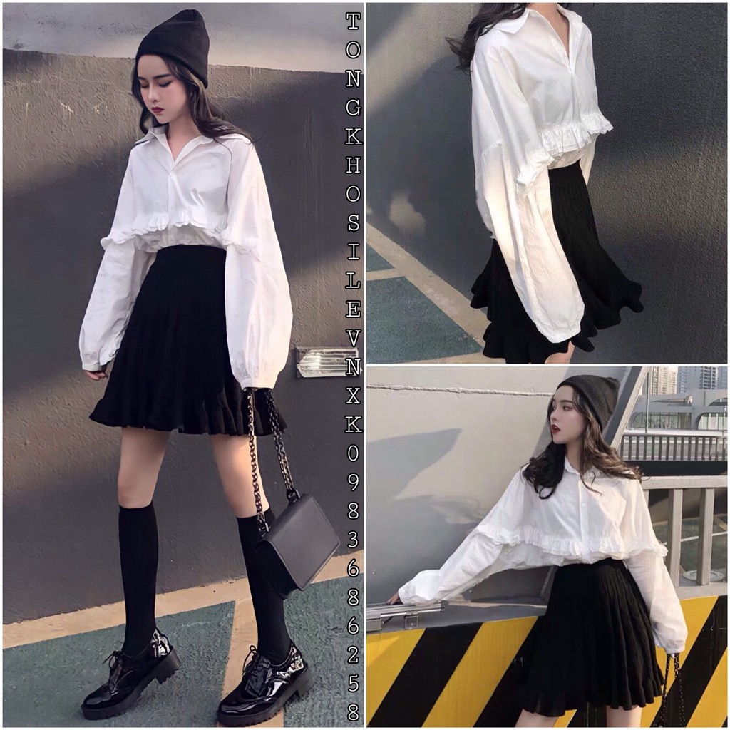 (new) Áo Sơ Mi Nữ Trắng Cánh Dơi 🦋 Áo Somi Viền Bèo Chất Đũi Tay Bồng