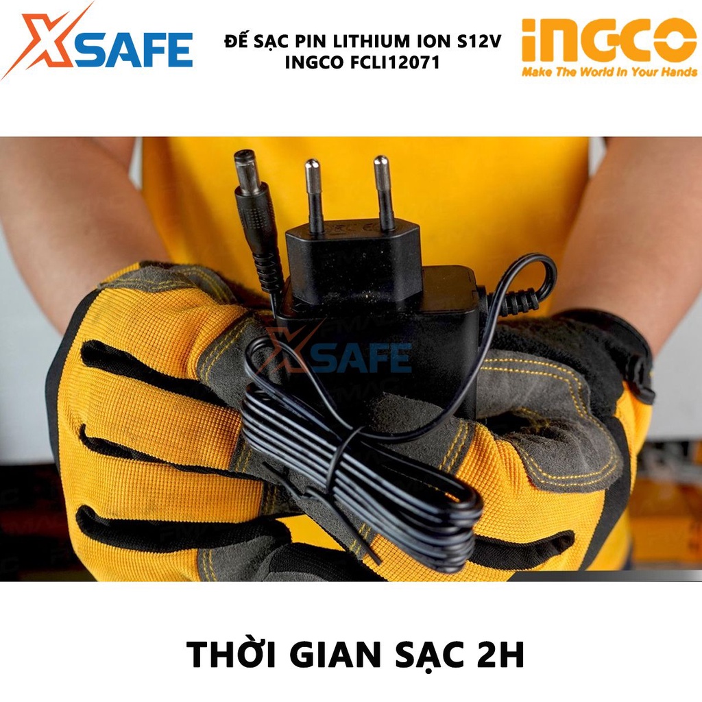 Đế sạc S12V INGCO FCLI12071 Sạc pin Lithium-Ion, điện thế sạc 220-240V, thời gian sạc 2h, đóng gói hộp màu chắc chắn