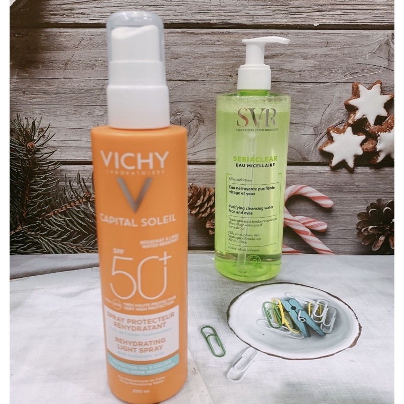 Xịt chống nắng Vichy Caital 200ml và Nước tẩy trang Sebiaclear 400ml