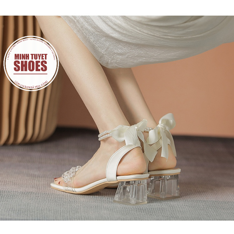 giày sandal cao gót nữ minhtuyetshoes gót meka quai ngang đính đá pha lê sang chảnh đi tiệc