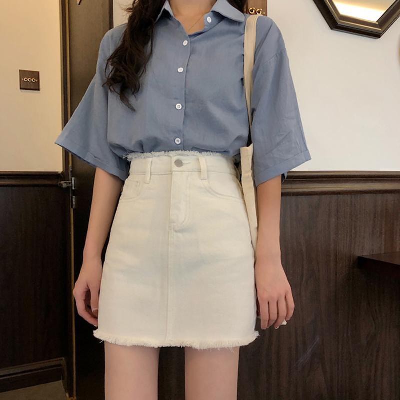 Chân váy jean chữ A viền tua lưng cao tặng quần trong ạ