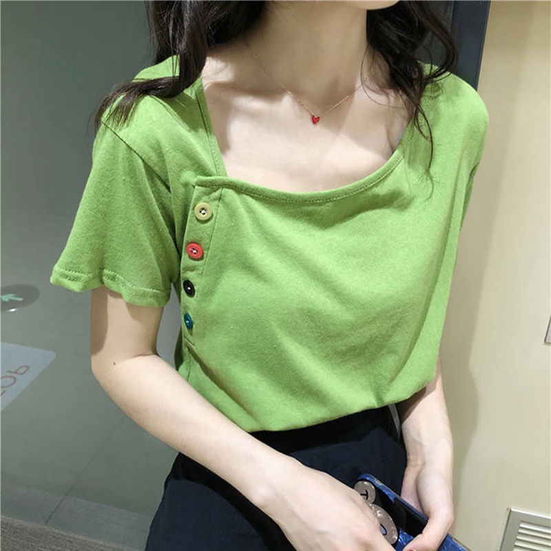 B&amp;G Áo Thun Ngắn Tay Dáng Rộng Cài Nút Phong Cách Hàn Quốc Thời Trang Cho Nữ Áo phông Nữ JL-TX-127