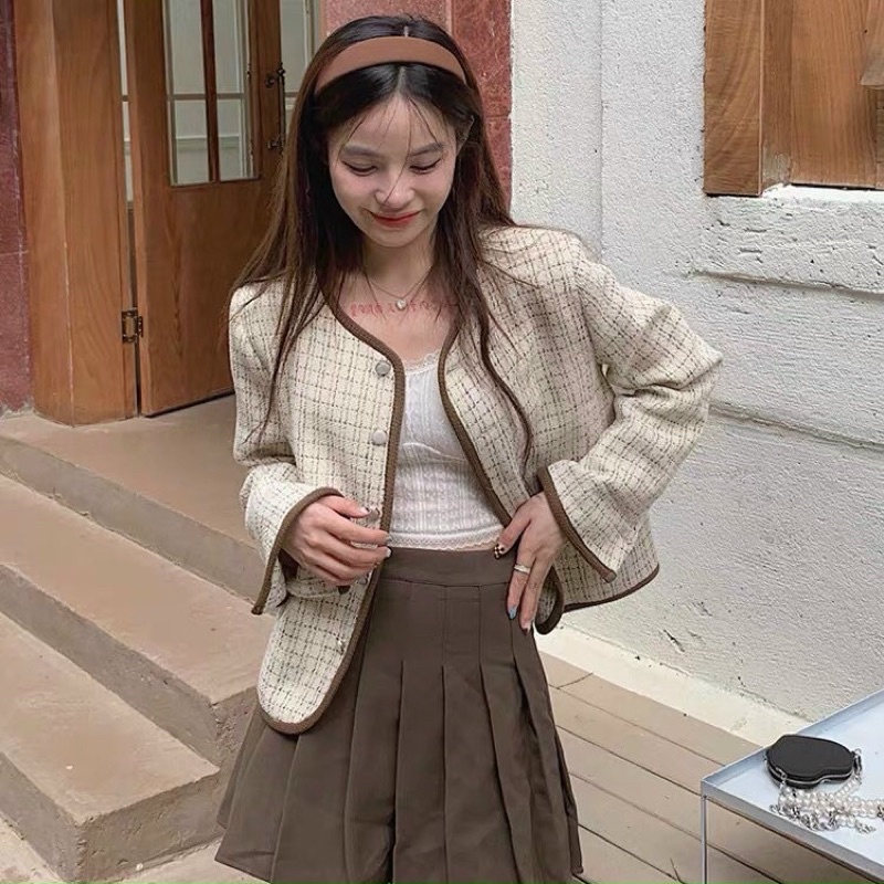 [Ảnh thật/sẵn] Set áo dạ thế kế nhẹ nhàng kèm chân váy tennis nâu tây cực xinh