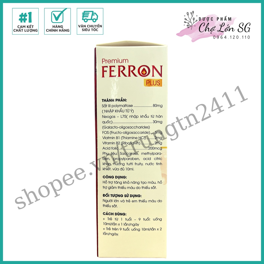 Siro bổ sung sắt ống Premium Ferron Plus - hỗ trợ khả năng tái tạo máu, giảm thiếu máu do thiếu sắt