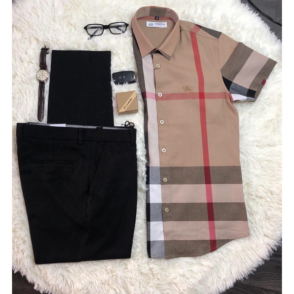 Áo sơ mi ngắn tay BaDass họa tiết caro áo sơ mi cộc tay BBR chất vải cotton dày dặn thấm hút mồ hôi