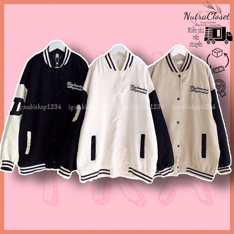 Áo khoác bomber bóng chày kaki nhung gân 2 lớp thêu unisex ulzzang nam nữ