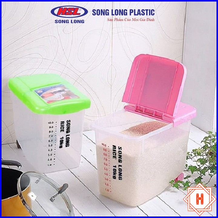 Song Long Plastic Thùng đựng gạo có nắp 10kg, 15kg nhựa cao cấp có bánh xe { H }