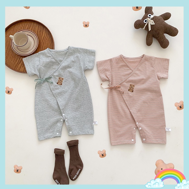 Bộ Áo Liền Quần Bằng Cotton Tay Ngắn Họa Tiết Gấu Hoạt Hình Dễ Thương Thời Trang Mùa Hè Cho Bé Sơ Sinh