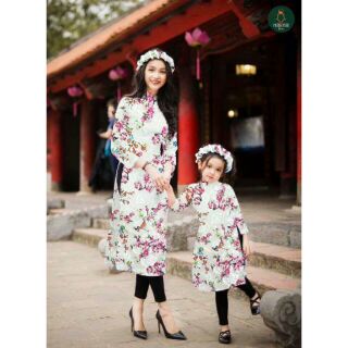 Set áo dài gấm hoa mẹ và bé kèm mấn cực xinh