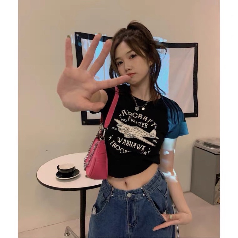 Áo croptop thun cộc tay in hình máy bay chất đẹp