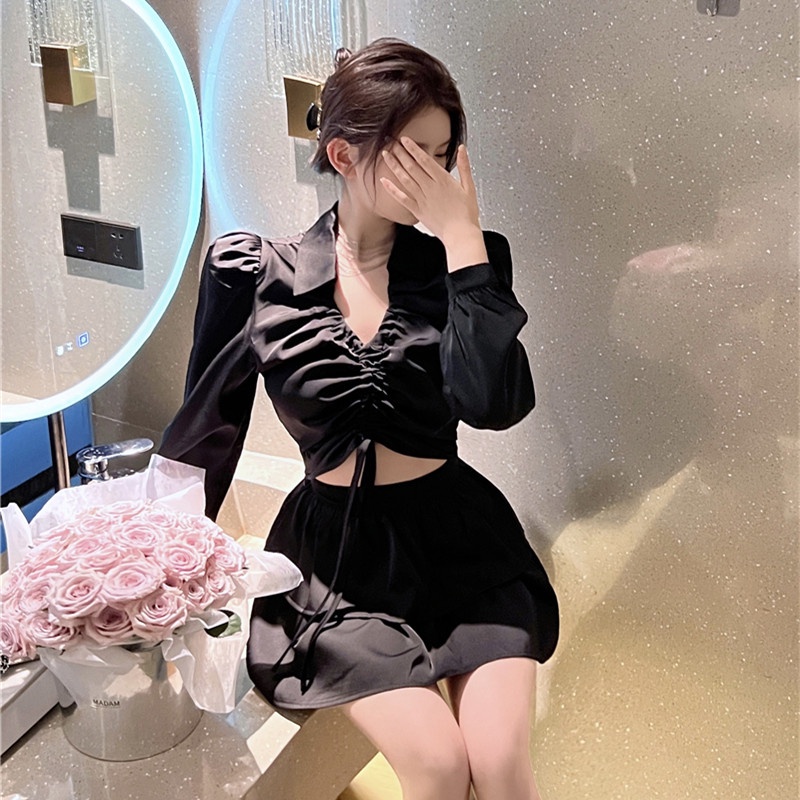 Áo Croptop Cổ v Phối Dây Rút Thời Trang Mùa Thu Quyến Rũ Cho Nữ