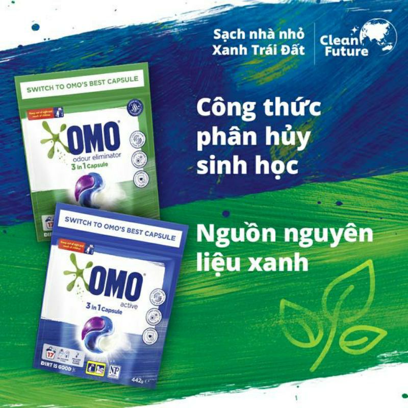 viên giặt omo 3 in 1 công nghệ anh quốc túi 17 viên× 26g