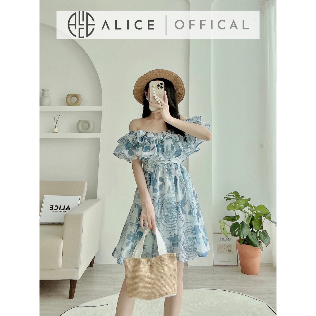 Đầm Trễ Vai Tiểu Thư ALICE Chất Vải Tơ Óng Lót Lụa Mềm Mát Dáng Xòe Bèo Ngực Quyến Rũ V828