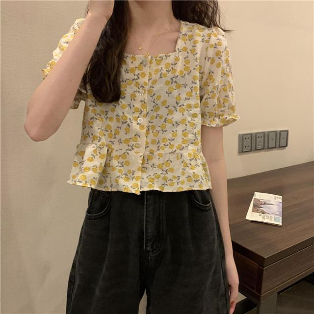 Áo Kiểu Cổ Vuông Tay Ngắn In Hoạ Tiết Hoa Xinh Xắn Dành Cho Nữ  tao bao