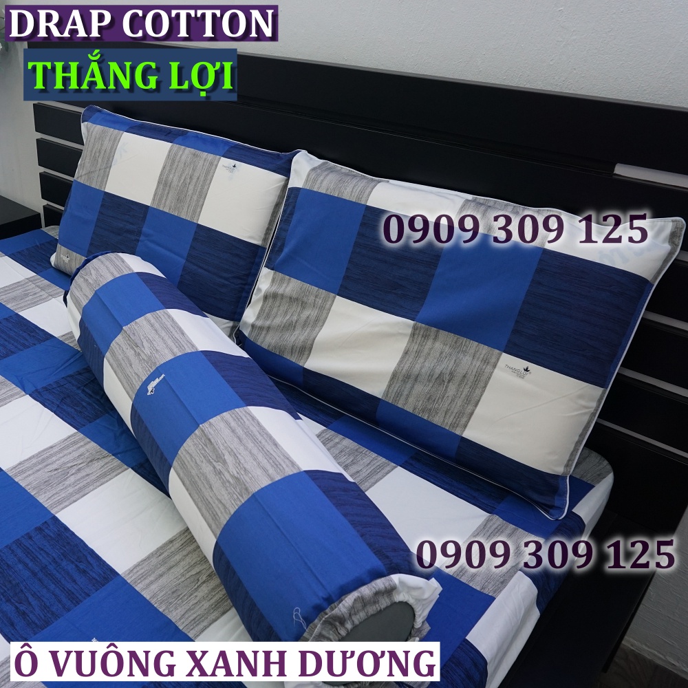 bộ drap cotton Thắng Lợi, ga giường chính hãng Ô VUÔNG XANH DƯƠNG