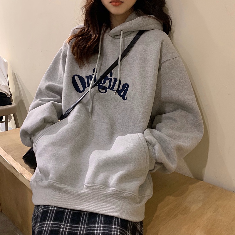Áo hoodie tay dài dáng rộng in chữ phong cách Hàn Quốc mới dành cho nữ 2021