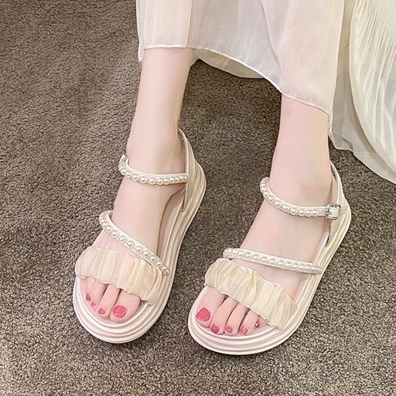 Xăng đan nữ quai ngọc phối ren, Sandal nữ sang chảnh mẫu mới - PinkOri