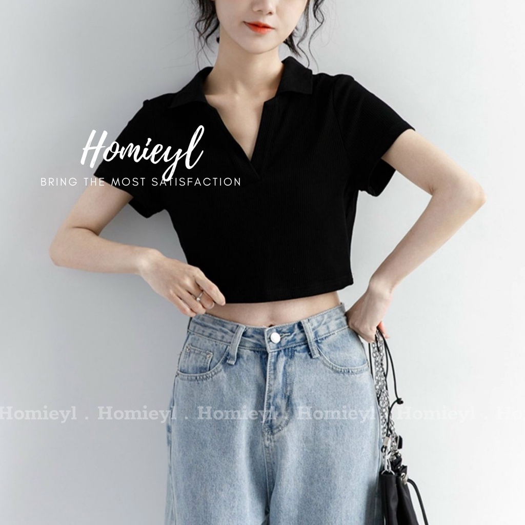 Áo croptop có cổ polo V nữ dáng suông tay ngắn chất cotton Homieyl cao cấp màu đen trắng đi chơi, đi làm