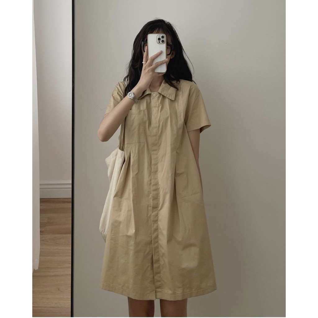 Đầm/Váy sơ mi thô dáng chữ A có túi ngực