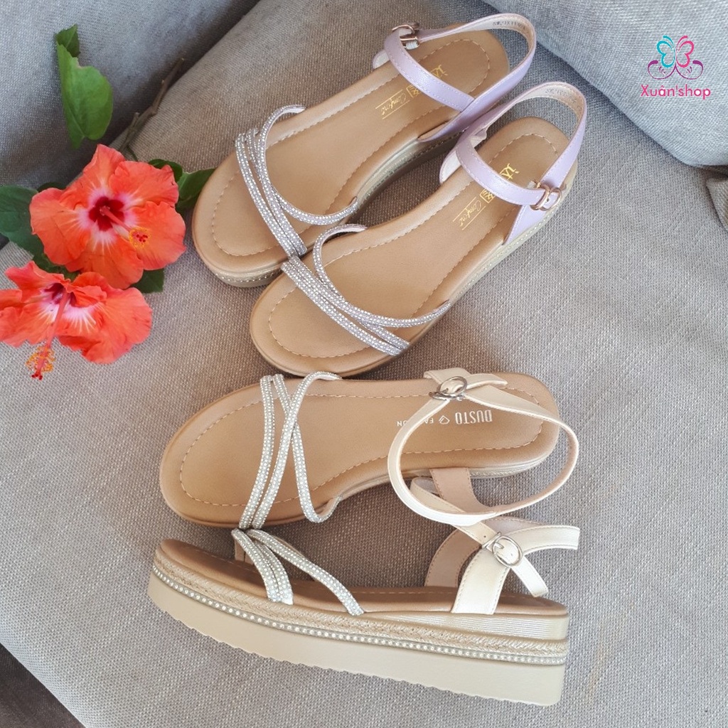 Giày sandal Dusto quai chéo phủ ánh kim, đế xuồng cao 4.5cm (size 37, 39)