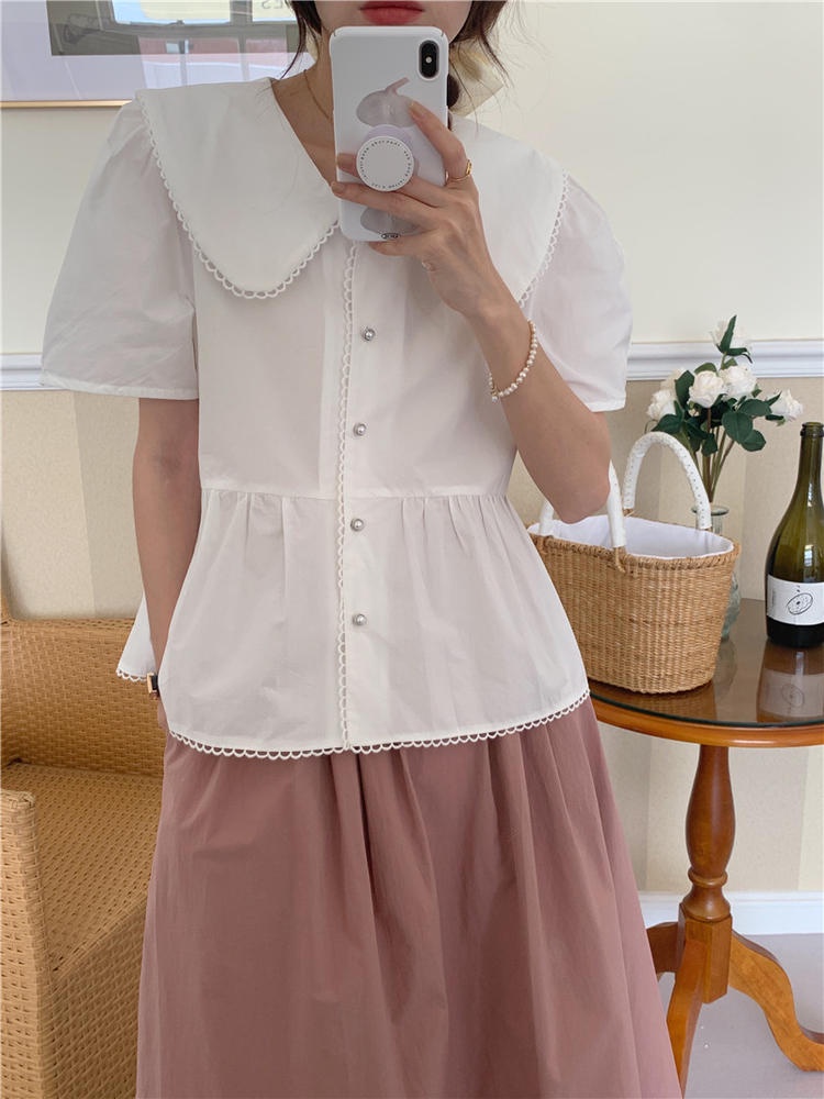 Áo Sơ Mi Tay Ngắn Cổ Búp Bê Phối Ren Dễ Thương 50917