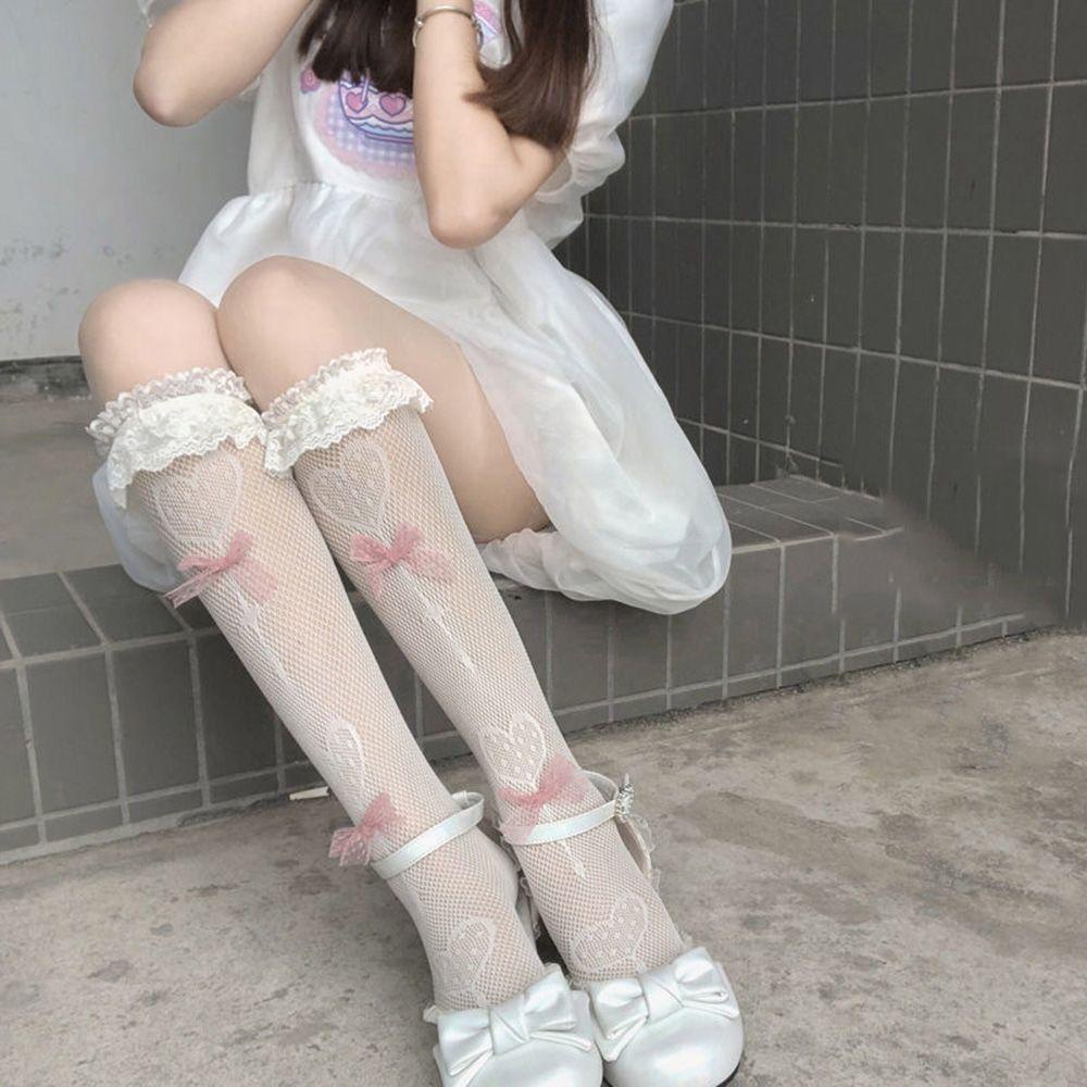 BACK2LIFE Vớ Ren Nylon Mỏng Co Giãn Họa Tiết Kẹo Mút Trái Tim Dễ Thương Phong Cách Lolita Cho Nữ