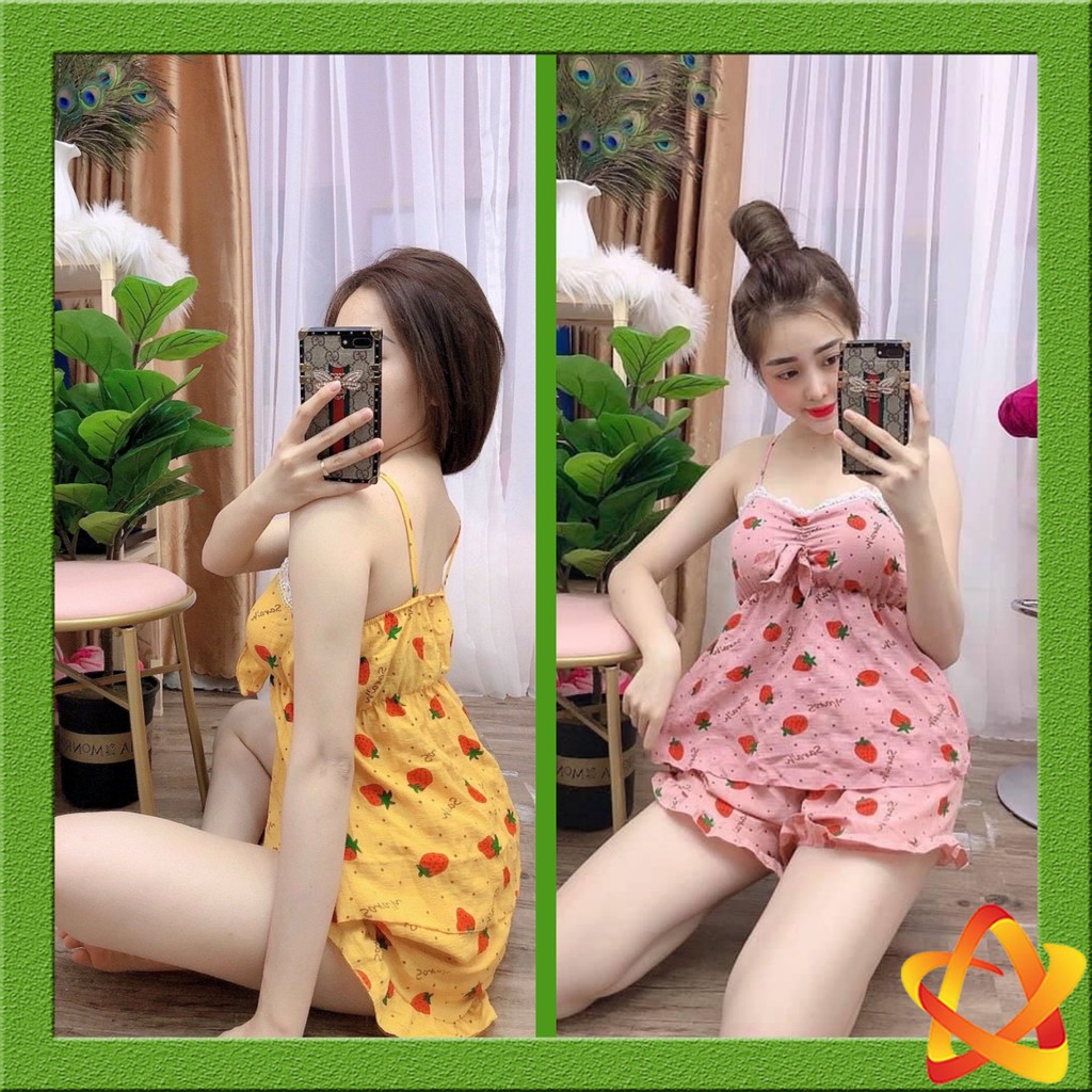 Đồ ngủ sexy 💋Freeship💋 Đồ ngủ sexy 2 dây in hình trái dâu Freesize dưới 60kg