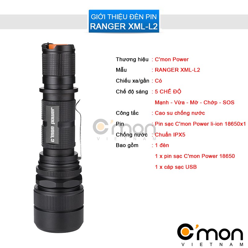 Bộ 1 đèn pin siêu sáng C'mon Power RANGER XML-L2 LED 10W + 1 pin 18650 + 1 sạc USB (VÀNG) | BigBuy360 - bigbuy360.vn