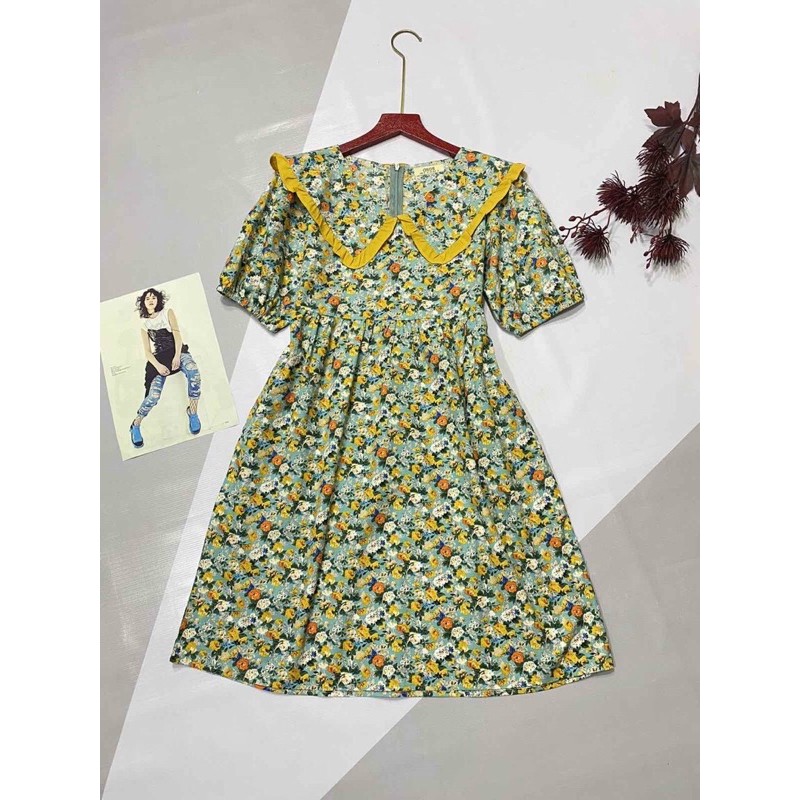 Đầm Liền Tay Ngắn Cổ chữ V Phối Họa Tiết Hoa Nhí Cao Cấp - Chất Liệu Cotton 100% - Váy Lửng Xuất Khẩu | BigBuy360 - bigbuy360.vn