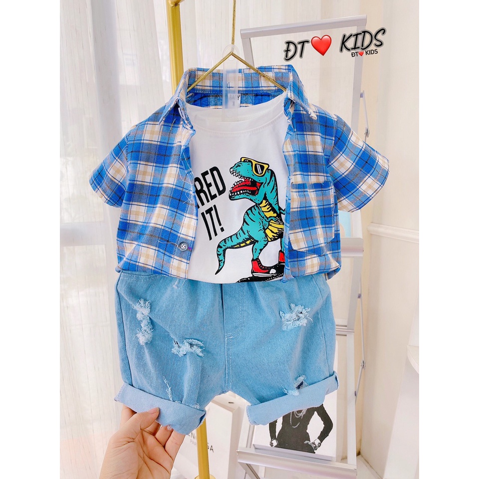 BOT24 - Bộ bé trai, bộ 3 chi tiết, Quần đùi Jean + áo thun cotton + áo sơ mi cộc tay bé trai từ 8-21kg