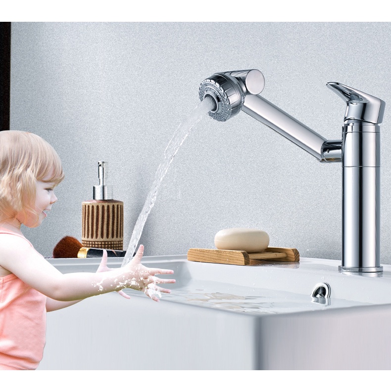 Vòi rửa mặt Lavabo xoay 720 độ gật gù, thân ngắn, mạ Crom, điều chỉnh nước Minh House