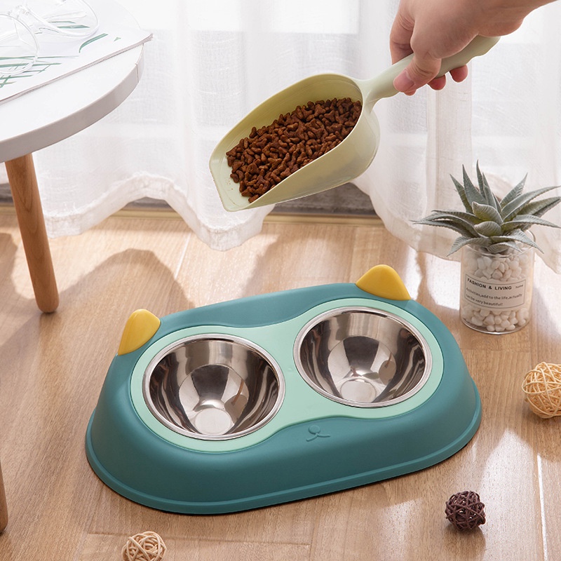 Bát Ăn Đôi Cho Chó Mèo Hình Tai Mèo Kèm 2 Tô Inox